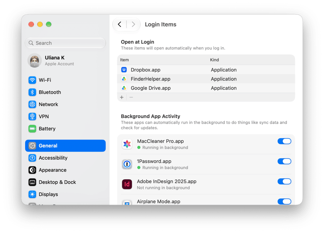 System Preferences - macOS Login Items & Extensions settings showing startup apps and background activity permissions