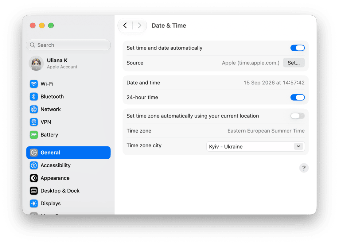 macOS Date & Time settings panel with automatic time sync and time zone configuration