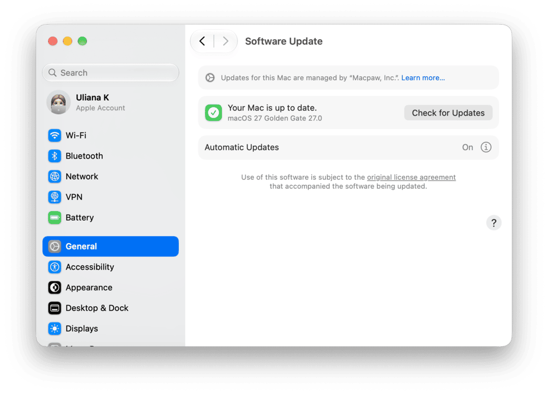 System Preferences - macOS Software Update settings