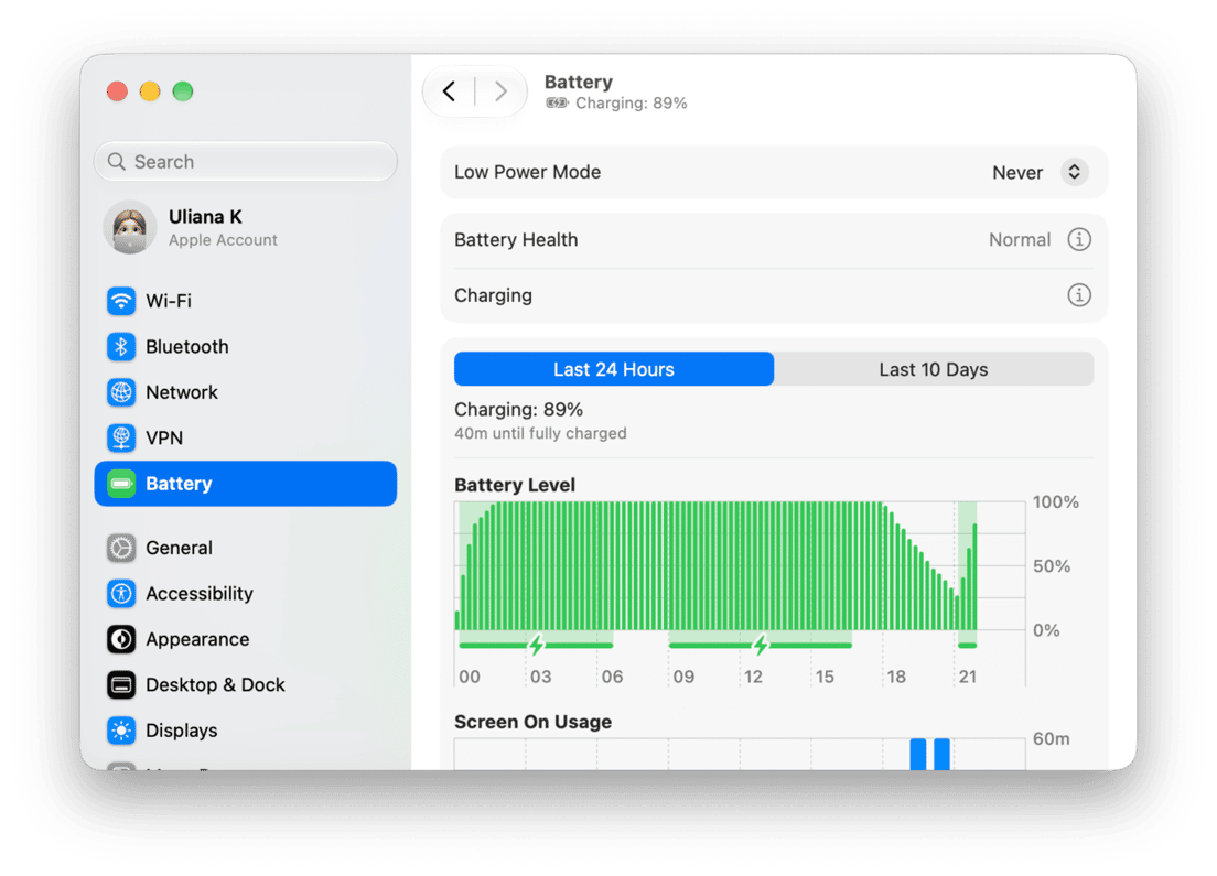 macOS Battery settings displaying battery level chart