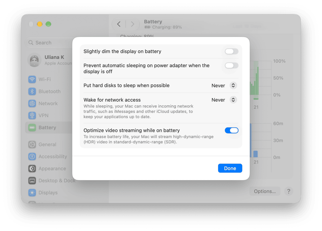 macOS Battery settings options panel showing power management and video streaming preferences
