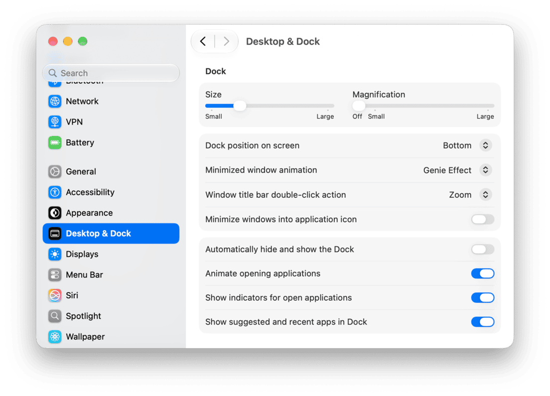 macOS Desktop & Dock settings panel showing Dock size, position and behavior preferences