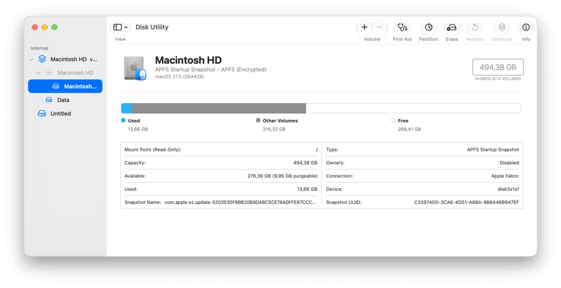 macOS Disk Utility showing Macintosh HD storage capacity and APFS volume details