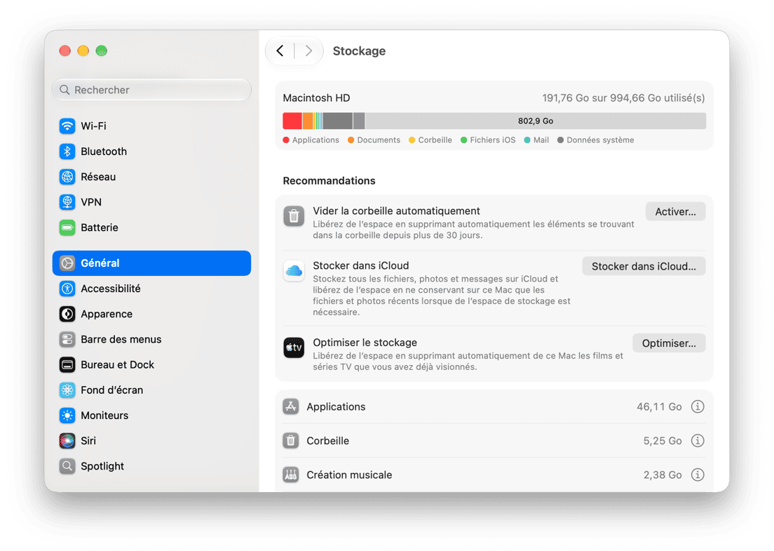 Reglages du systeme - Param&egrave;tres de stockage macOS affichant la r&eacute;partition d'utilisation de Macintosh HD et les recommandations d'optimisation