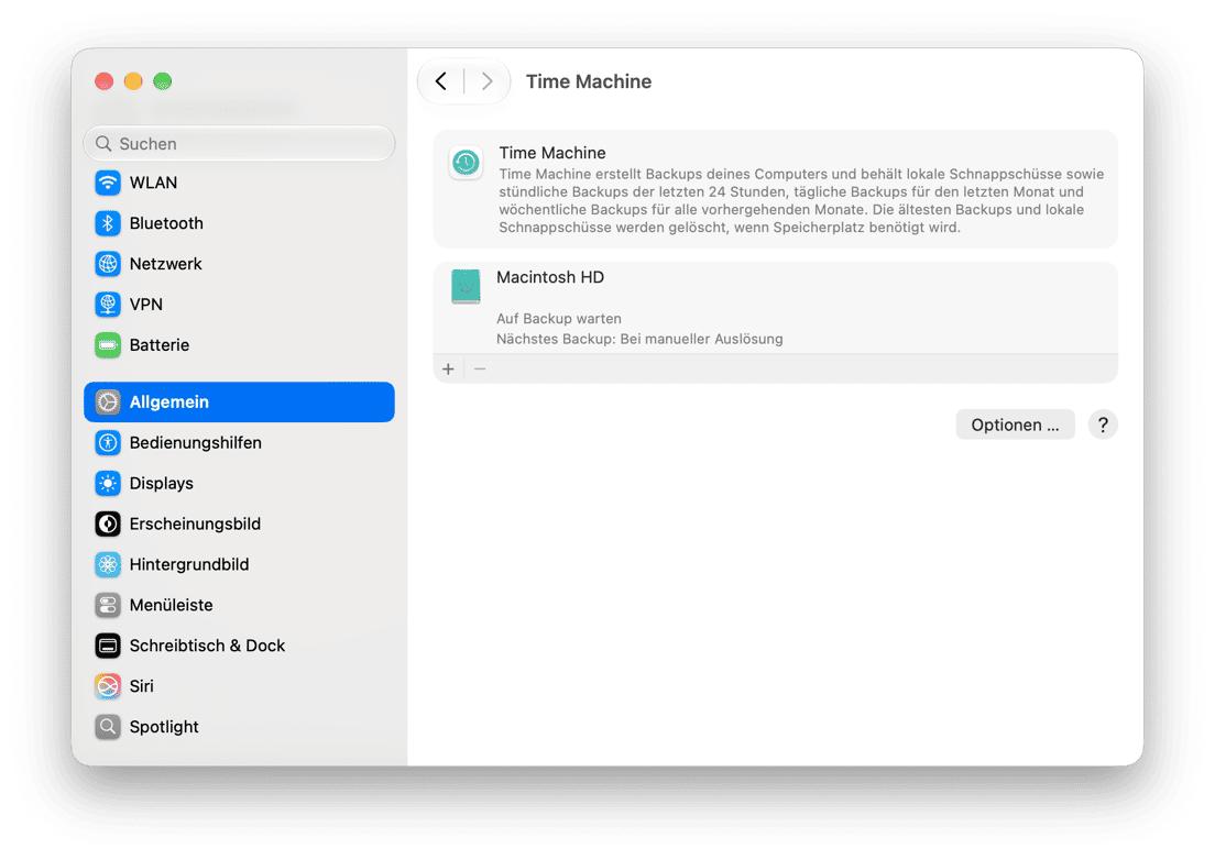 macOS Time Machine-Einstellungen mit Backup-Laufwerkstatus und geplanter Backup-Konfiguration