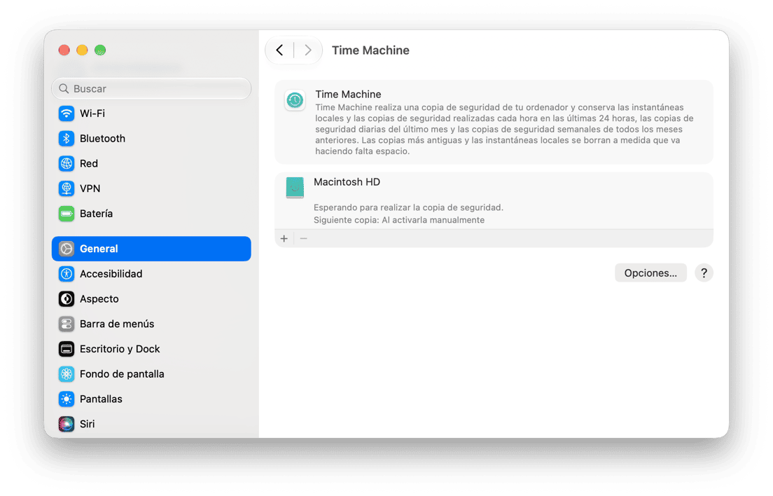 sistema preferencias - Configuraci&oacute;n de Time Machine de macOS con estado de la unidad de copia de seguridad y configuraci&oacute;n de respaldo programado