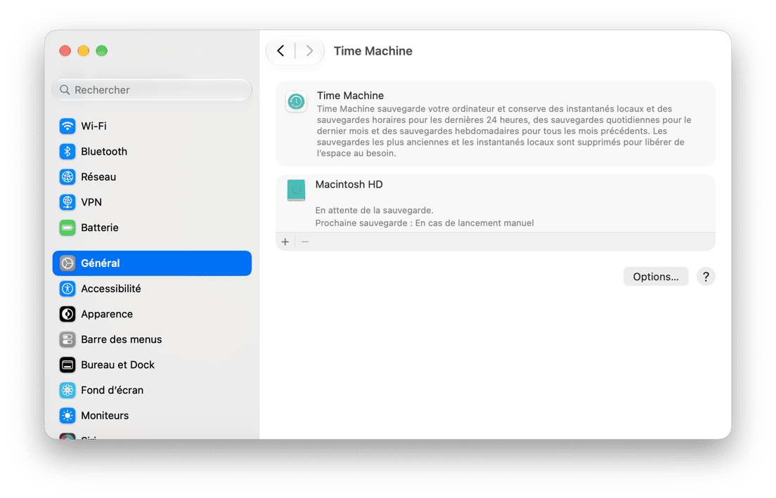 Reglages du systeme - Param&egrave;tres Time Machine macOS affichant l'&eacute;tat du disque de sauvegarde et la configuration des sauvegardes planifi&eacute;es