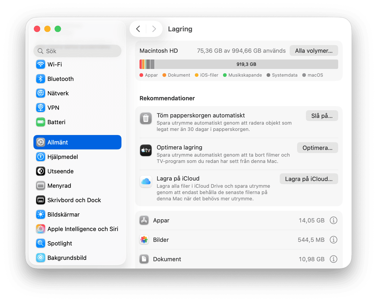 systemet Inst&auml;llningar Lagring