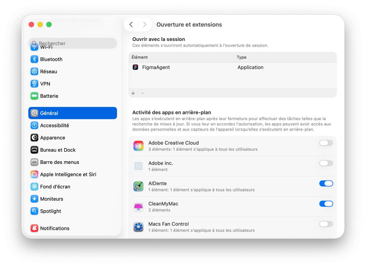 Reglages du systeme Ouverture