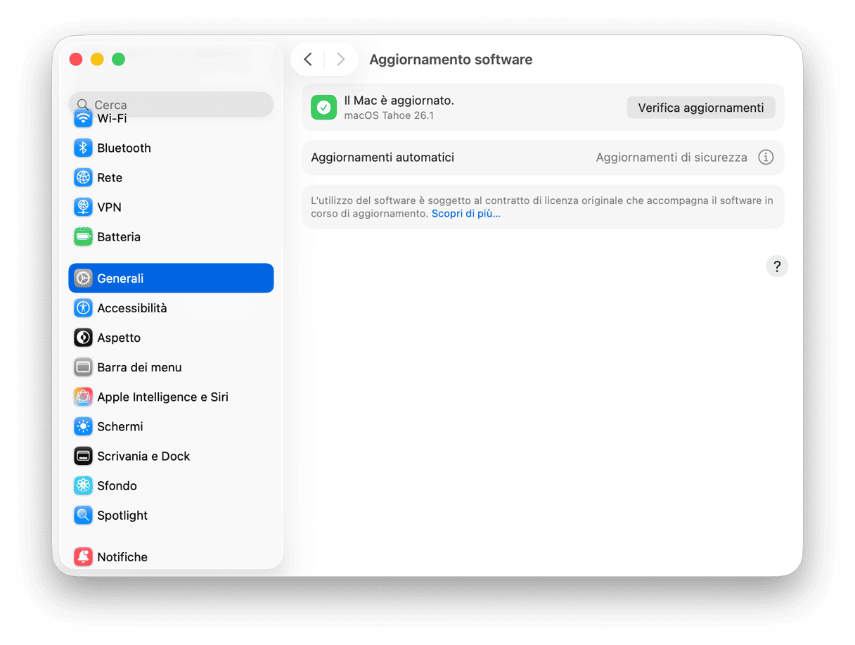 Preferenze di Sistema Aggiornamento Software