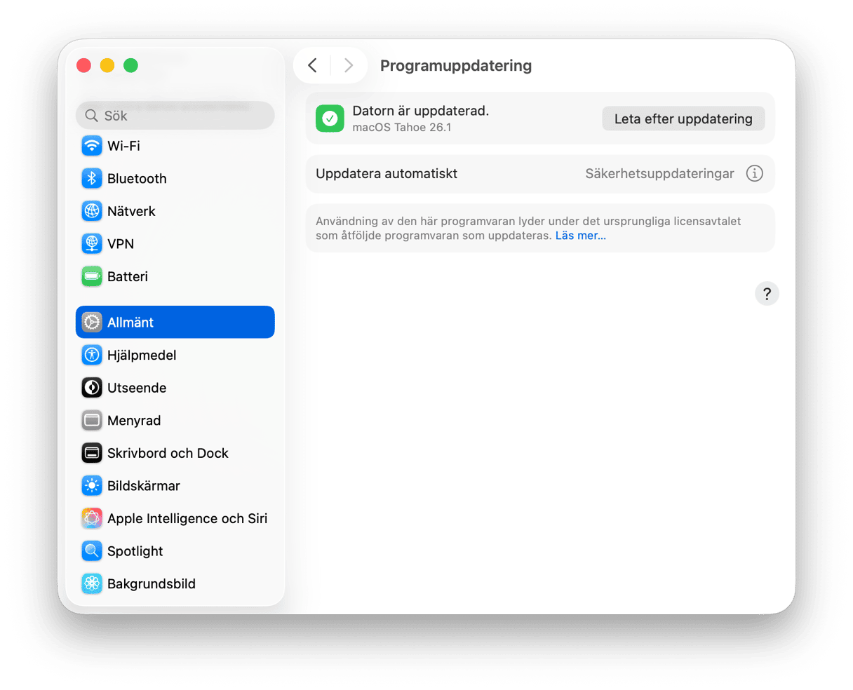 systemet Inst&auml;llningar Programuppdatering
