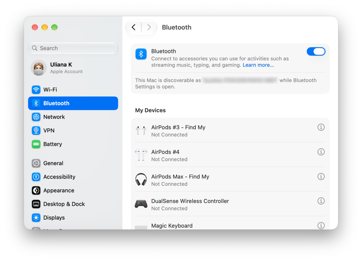 macOS Bluetooth settings showing connected devices list