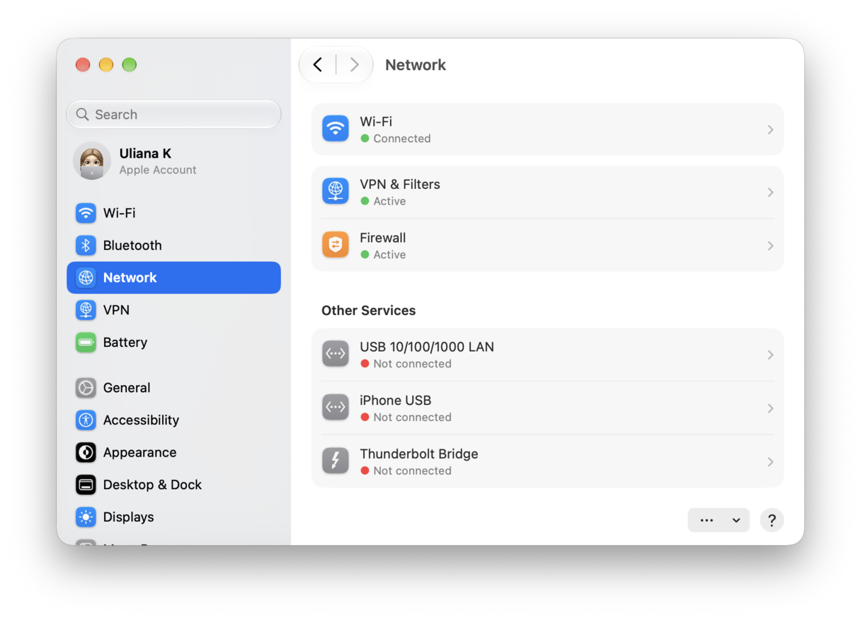 System Preferences - macOS Network settings displaying Wi-Fi, VPN, Firewall status and other network services