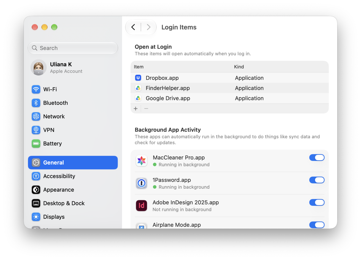 System Preferences - macOS Login Items & Extensions settings showing startup apps and background activity permissions