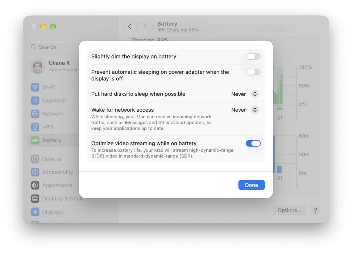 macOS Battery settings options panel showing power management and video streaming preferences