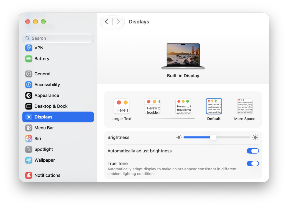 System Preferences - macOS Displays settings