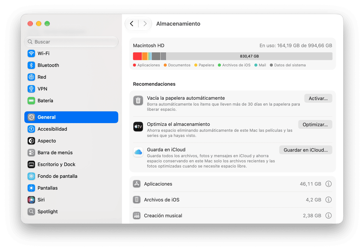 sistema preferencias - Configuraci&oacute;n de almacenamiento de macOS con desglose de uso de Macintosh HD y recomendaciones de optimizaci&oacute;n