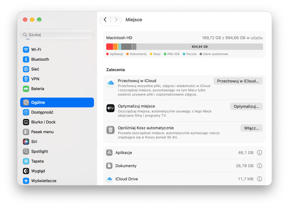 Ustawienia systemowe - Ustawienia pamięci macOS z podziałem wykorzystania Macintosh HD i zaleceniami optymalizacji