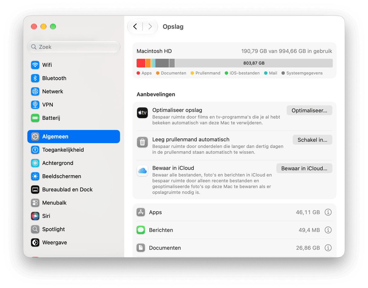 systeem Voorkeuren - macOS opslaginstellingen met uitsplitsing van Macintosh HD-gebruik en opslagoptimalisatieaanbevelingen