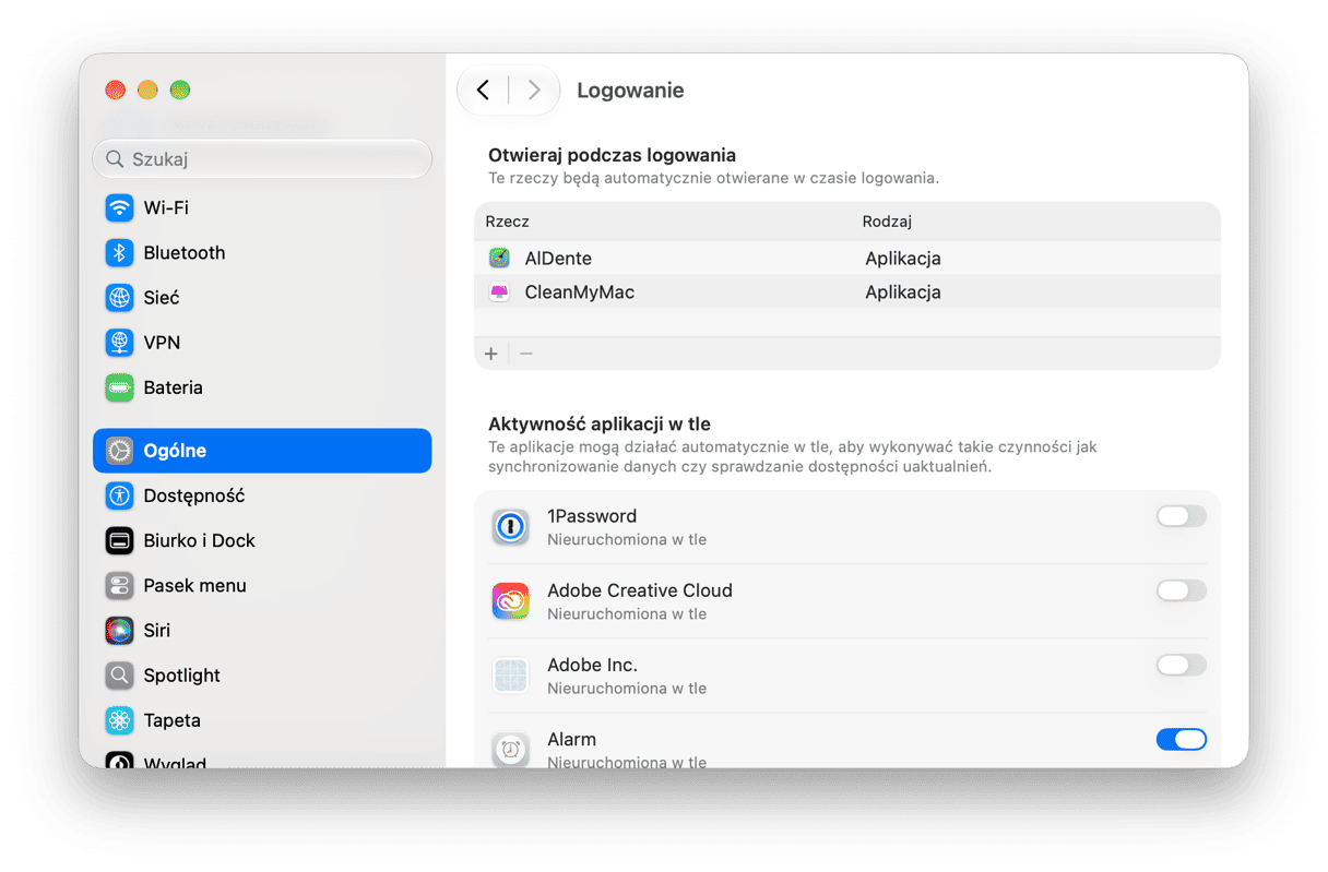 Ustawienia systemowe - Ustawienia element&oacute;w logowania i rozszerzeń macOS z aplikacjami startowymi i uprawnieniami aktywności w tle