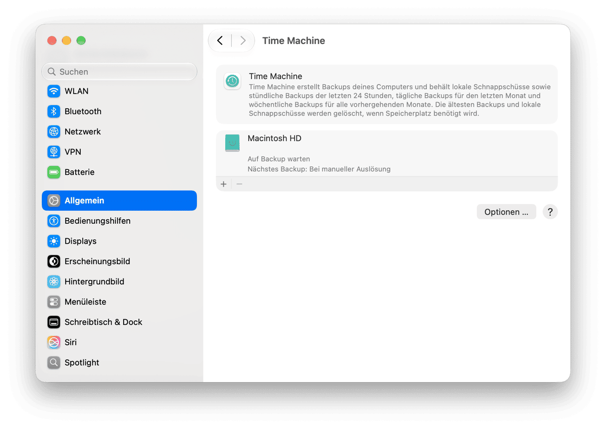 macOS Time Machine-Einstellungen mit Backup-Laufwerkstatus und geplanter Backup-Konfiguration