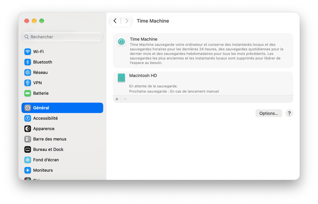 Reglages du systeme - Param&egrave;tres Time Machine macOS affichant l'&eacute;tat du disque de sauvegarde et la configuration des sauvegardes planifi&eacute;es
