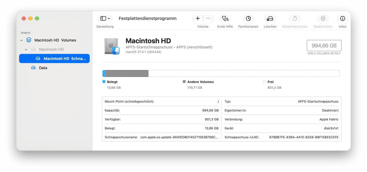 macOS Festplatten-Dienstprogramm zeigt die Speicherkapazit&auml;t der Macintosh HD und APFS-Volume-Details